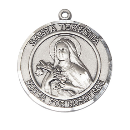 Spanish Script Men's .925 Sterling Silver Santa St. Teresita Medal Pendant on 24 Inch Endless Rhodium Plated Heavy Curb Chain, Catholic Religious Necklace - Made in USA, in Deluxe Velvet Gift Box