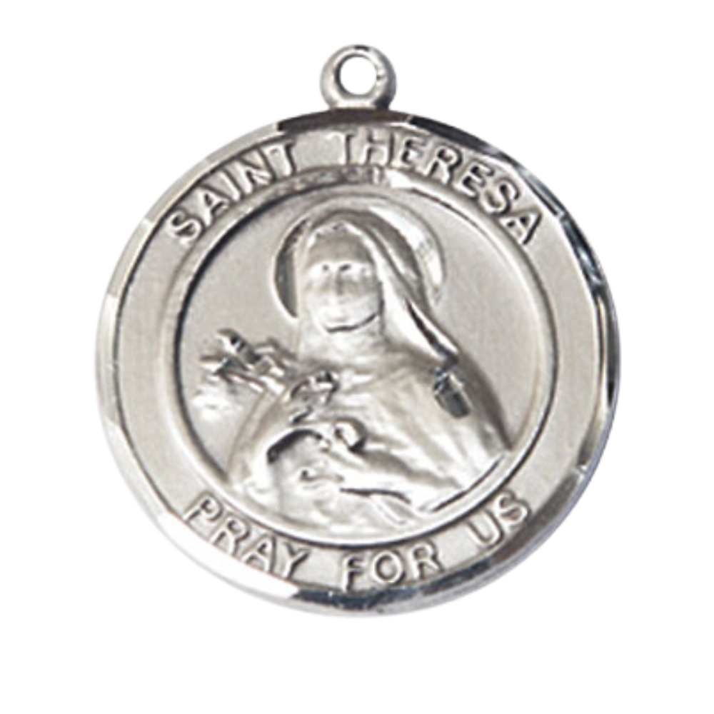 Women's .925 Sterling Silver Saint St. Theresa Medal Pendant on 18 Inch Rhodium Plated Lite Curb Brass Chain w/ Lobster Claw Clasp, Catholic Religious Necklace - Made in USA- Deluxe Velvet Gift Box