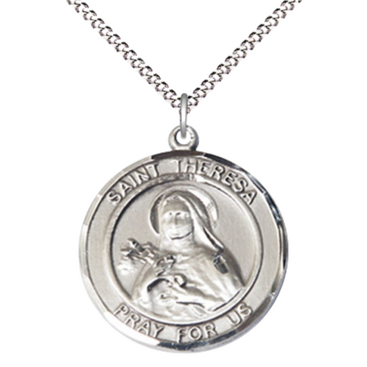 Women's .925 Sterling Silver Saint St. Theresa Medal Pendant on 18 Inch Rhodium Plated Lite Curb Brass Chain w/ Lobster Claw Clasp, Catholic Religious Necklace - Made in USA- Deluxe Velvet Gift Box