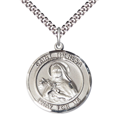 Everlasting Light Jewelry Men's .925 Sterling Silver Saint St. Theresa Medal Pendant on 24 Inch Endless Rhodium Plated Heavy Curb Chain, Catholic Religious Necklace - Made in USA - Deluxe Velvet Gift Box
