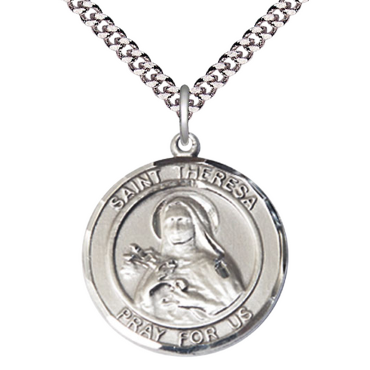 Mens Round .925 Sterling Silver Saint St. Theresa Medal Pendant on 24 Inch Rhodium Plated Heavy Curb Brass Chain with Lobster Claw clasp, Catholic Religious Necklace - Made in USA- Velvet Gift Box