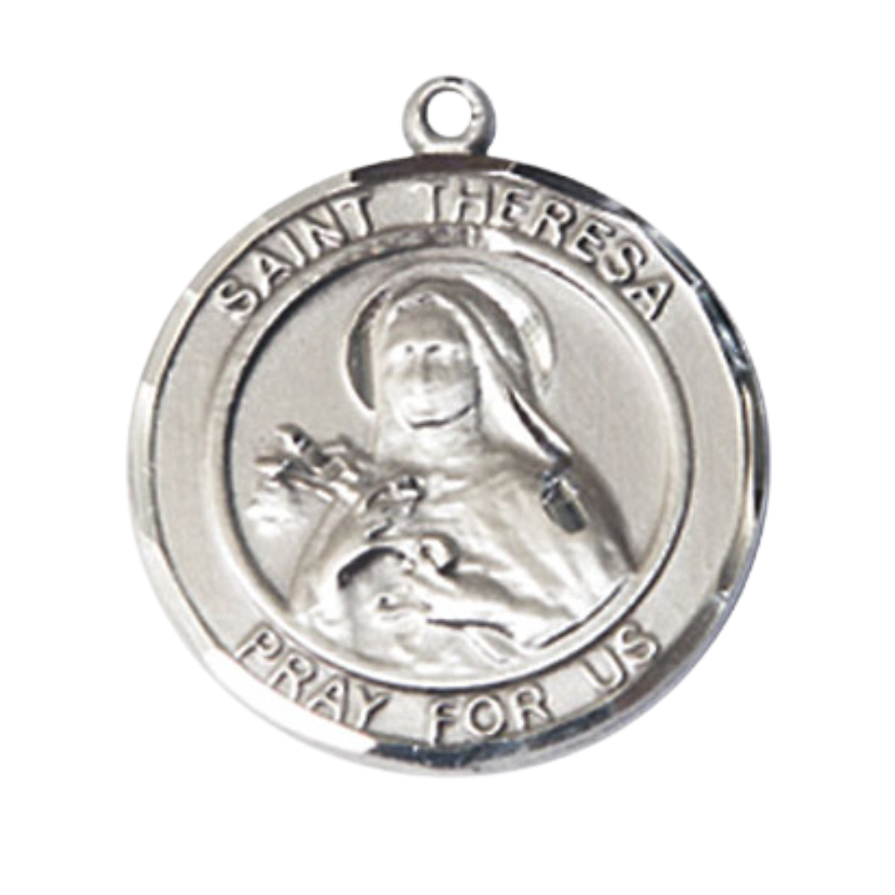 Mens 1 x 7/8" Round Pewter Saint St. Theresa Medal Pendant on 24 Inch Rhodium Plated Heavy Curb Brass Chain with Lobster Claw clasp, Catholic Religious Necklace - Made in USA- Deluxe Velvet Gift Box