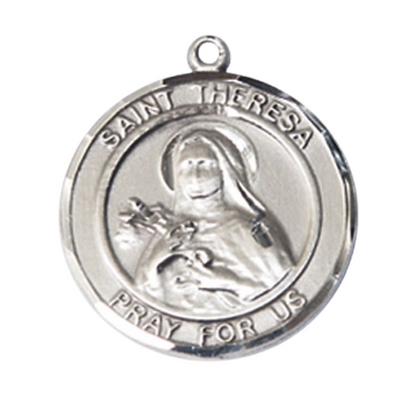 Everlasting Light Jewelry Men's Pewter Saint Theresa Medal Pendant on 24 Inch Endless Rhodium Plated Heavy Curb Chain, Catholic Religious Necklace - Made in USA - Deluxe Velvet Gift Box