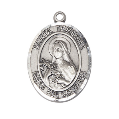 Spanish Script Women's Pewter Santa St. Teresita Medal Pendant on 18 Inch Rhodium Plated Lite Curb Brass Chain, Catholic Religious Necklace with Lobster Claw Clasp - Made in USA, Deluxe Velvet Gift Box.