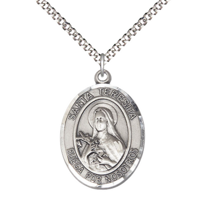 Spanish Script Women's .925 Sterling Silver Santa St. Teresita Medal Pendant on 18 Inch Rhodium Plated Lite Curb Brass Chain, Catholic Religious Necklace with Lobster Claw Clasp - Made in USA, Deluxe Velvet Gift Box