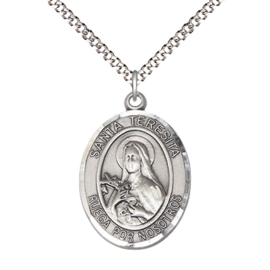 Spanish Script Women's .925 Sterling Silver Santa St. Teresita Medal Pendant on 18 Inch Rhodium Plated Lite Curb Brass Chain, Catholic Religious Necklace with Lobster Claw Clasp - Made in USA, Deluxe Velvet Gift Box