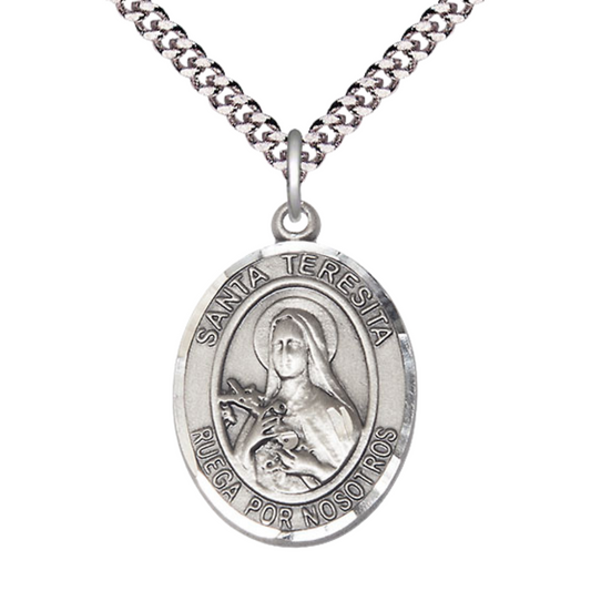 Everlasting Light Jewelry Spanish Script Men's .925 Sterling Silver Santa St. Teresita Medal Pendant on 24 Inch Endless Rhodium Plated Heavy Curb Chain, Catholic Religious Necklace - Made in USA- Deluxe Velvet Gift Box
