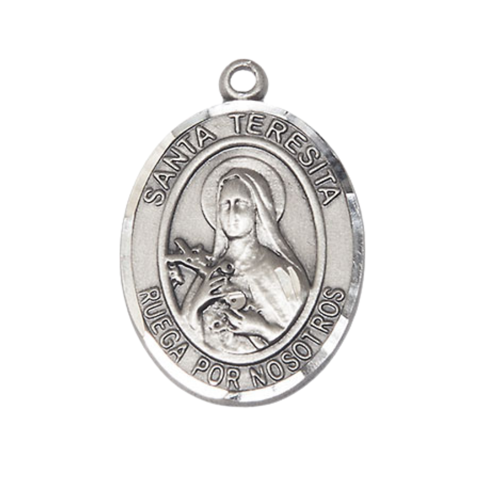 Everlasting Light Jewelry Spanish Script Men's .925 Sterling Silver Santa St. Teresita Medal Pendant on 24 Inch Endless Rhodium Plated Heavy Curb Chain, Catholic Religious Necklace - Made in USA- Deluxe Velvet Gift Box