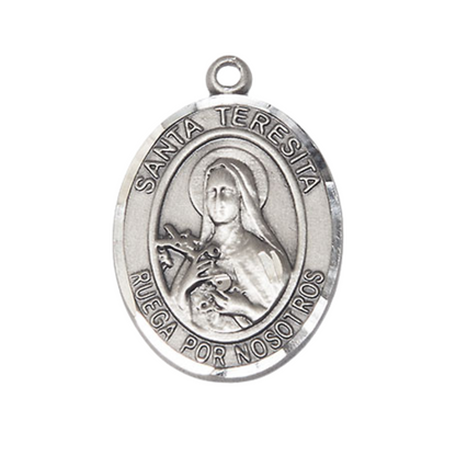 Everlasting Light Jewelry Spanish Script Men's Pewter Santa Teresita Medal Pendant on 24 Inch Endless Rhodium Plated Heavy Curb Chain,Catholic Religious Necklace -Made in USA - with Deluxe Velvet Gift Box