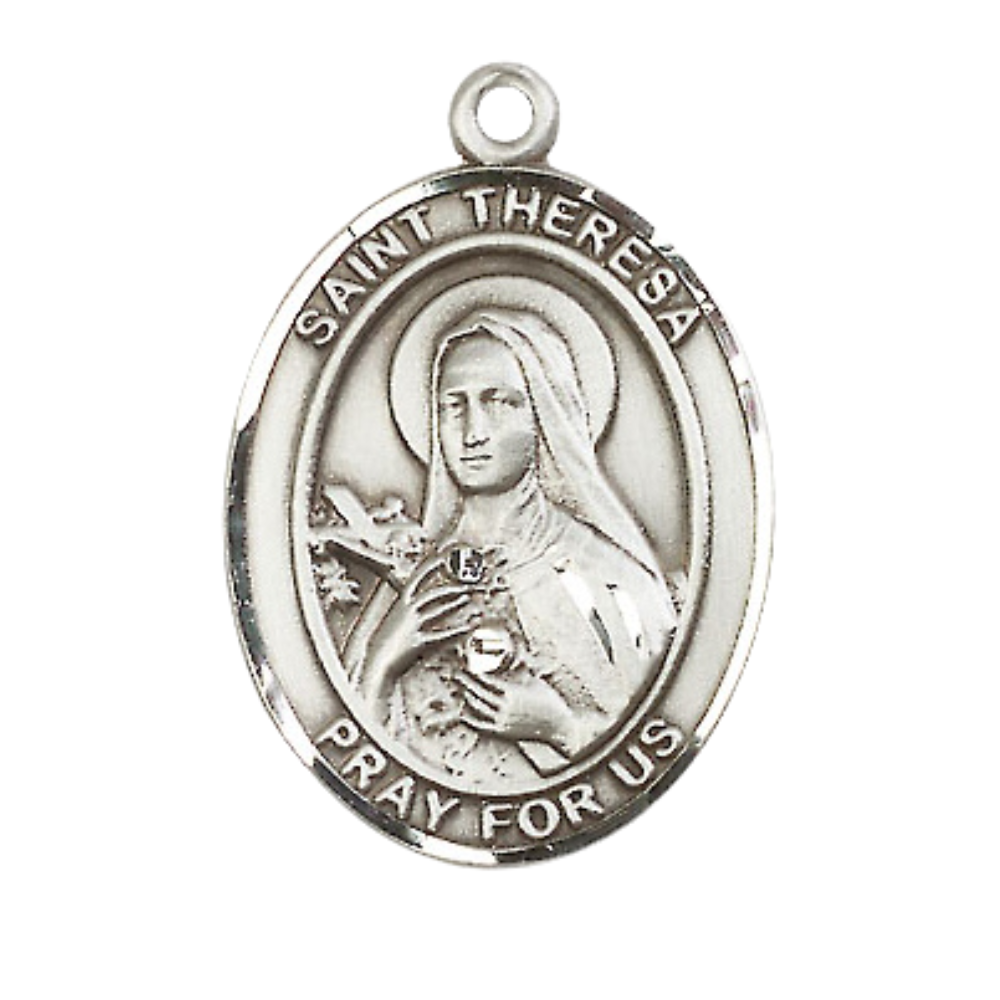 Women's .925 Sterling Silver Saint St. Theresa Medal Pendant on 18 Inch Rhodium Plated Lite Curb Brass Chain w/ Lobster Claw Clasp, Catholic Religious Necklace - Made in USA- Deluxe Velvet Gift Box