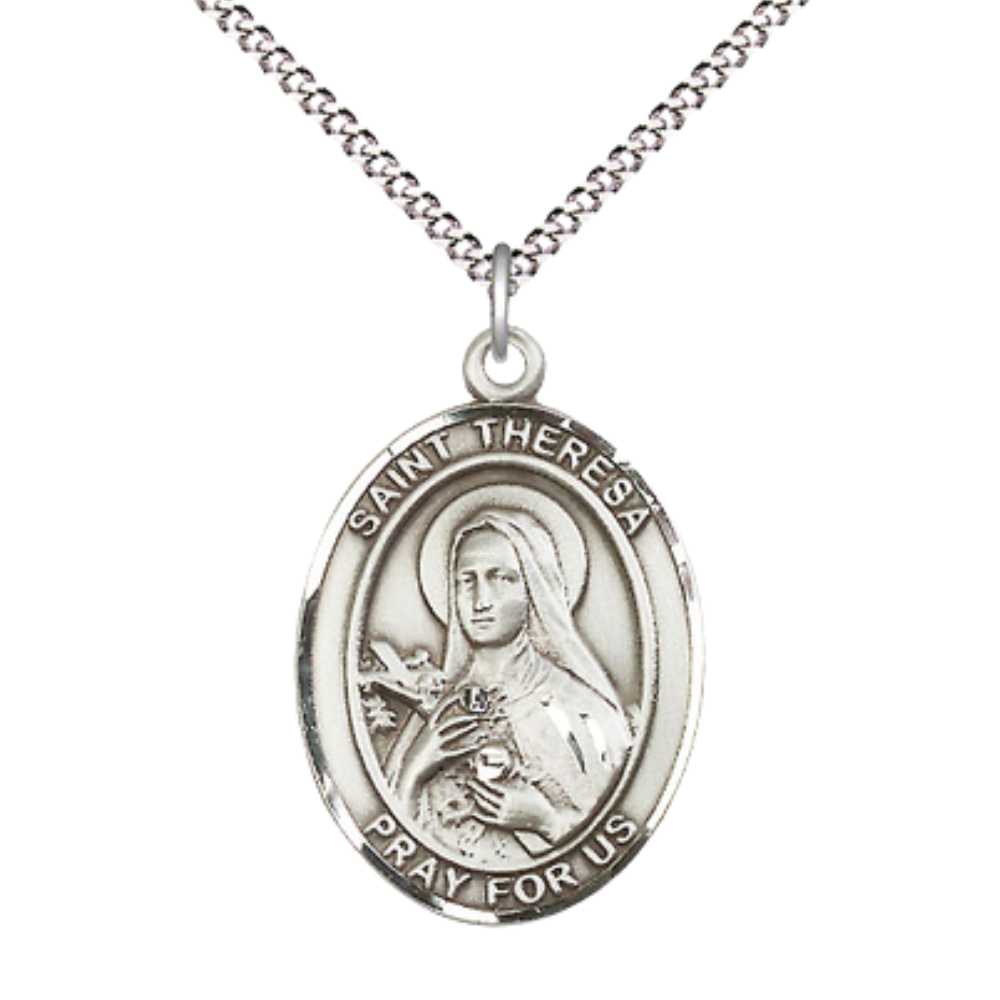 Women's .925 Sterling Silver Saint St. Theresa Medal Pendant on 18 Inch Rhodium Plated Lite Curb Brass Chain w/ Lobster Claw Clasp, Catholic Religious Necklace - Made in USA- Deluxe Velvet Gift Box