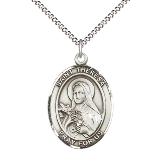Women's .925 Sterling Silver Saint St. Theresa Medal Pendant on 18 Inch Rhodium Plated Lite Curb Brass Chain w/ Lobster Claw Clasp, Catholic Religious Necklace - Made in USA- Deluxe Velvet Gift Box