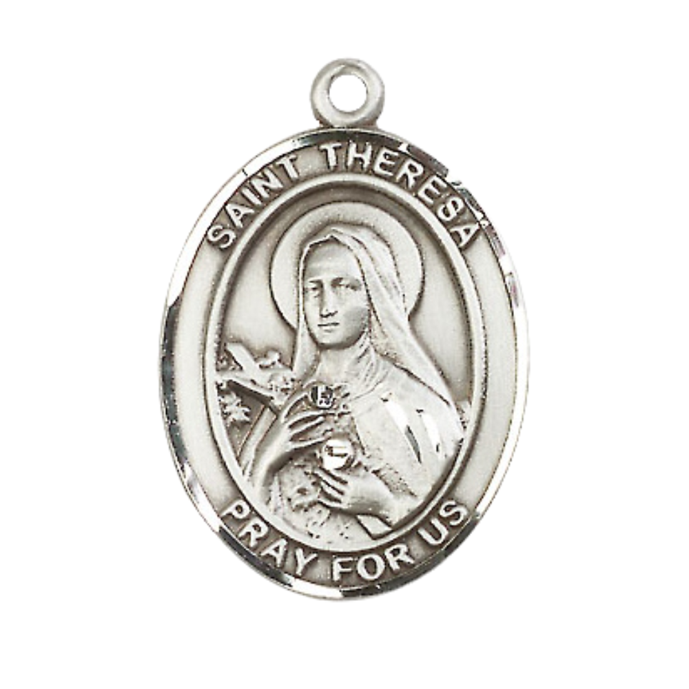 Saint St. Theresa Medal Necklace– Men's Pewter Pendant on 24 Inch Light Endless Rhodium Plated Chain – Catholic Patron Saint St. of Foreign Missions – Velvet Gift Box Included