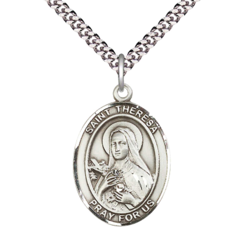Mens 1 x 3/4" Oval Pewter Saint St. Theresa Medal Pendant on 24 Inch Rhodium Plated Heavy Curb Brass Chain with Lobster Claw clasp, Catholic Religious Necklace - Made in USA - Deluxe Velvet Gift Box