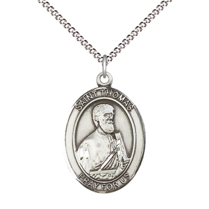 Women's Pewter Patron Saint St. Thomas the Apostle Medal Pendant with 18 Inch Rhodium Plated Lite Curb Brass Chain Catholic Religious Necklace - Made in USA, Deluxe Velvet Gift Box