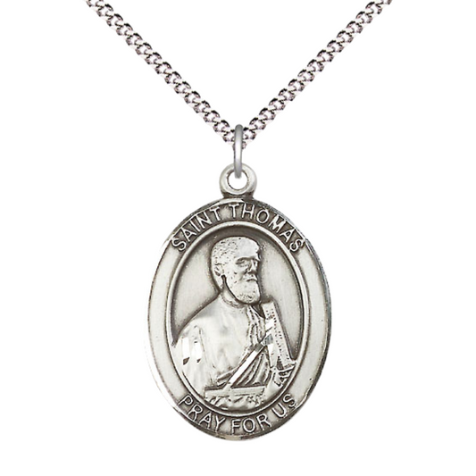 Women's Pewter Patron Saint St. Thomas the Apostle Medal Pendant with 18 Inch Rhodium Plated Lite Curb Brass Chain Catholic Religious Necklace - Made in USA, Deluxe Velvet Gift Box