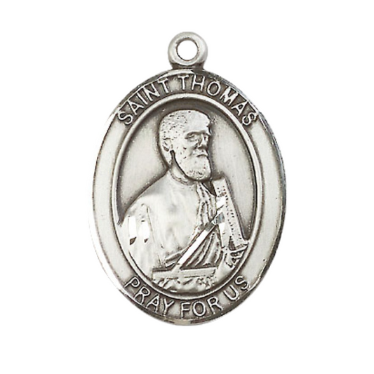Mens Sterling Silver Saint Thomas the Apostle Medal Pendant on 24" Rhodium Plated Heavy Curb Brass Chain with Lobster Claw clasp, Catholic Religious Necklace -Made in USA- Velvet Gift Box