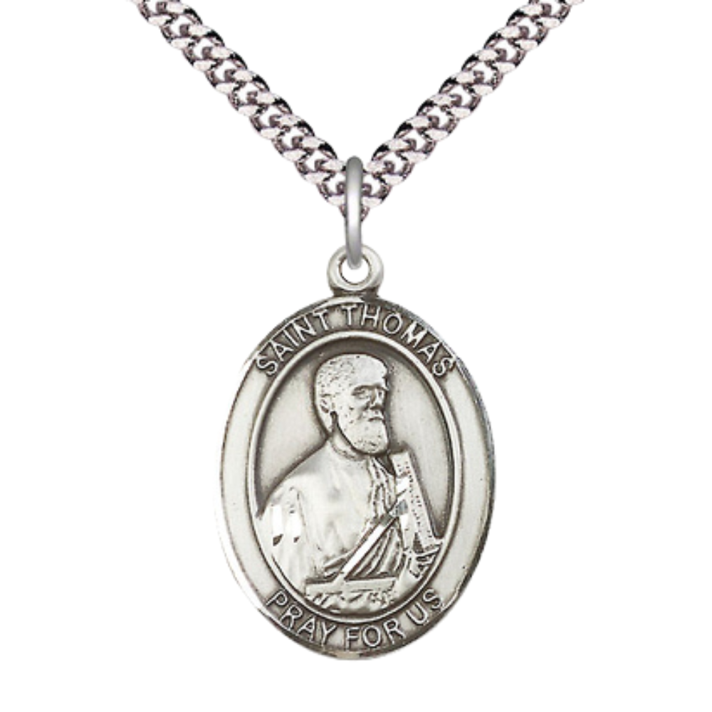 Mens Oval Pewter Saint St. Thomas the Apostle Medal Pendant on 24 Inch Rhodium Plated Heavy Curb Brass Chain with Lobster Claw clasp, Catholic Religious Necklace - Made in USA - Deluxe Velvet Gift Box