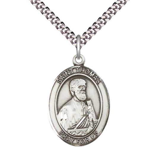 Mens Oval Pewter Saint St. Thomas the Apostle Medal Pendant on 24 Inch Rhodium Plated Heavy Curb Brass Chain with Lobster Claw clasp, Catholic Religious Necklace - Made in USA - Deluxe Velvet Gift Box