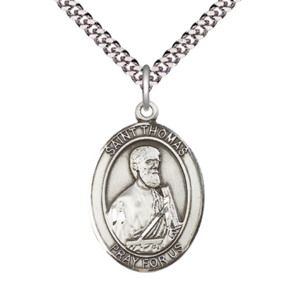 Saint St. Thomas the Apostle Medal Necklace– Men's Pewter Pendant on 24 Inch Light Endless Rhodium Plated Chain – Catholic Patron Saint St. of Architects & the Blind – Velvet Gift Box Included