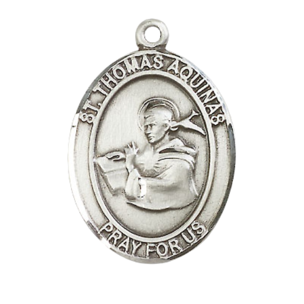 Women's .925 Sterling Silver Saint St. Thomas Aquinas Medal Pendant on 18 Inch Rhodium Plated Lite Curb Brass Chain w/ Lobster Claw Clasp, Catholic Religious Necklace - Made in USA- Deluxe Velvet Gift Box