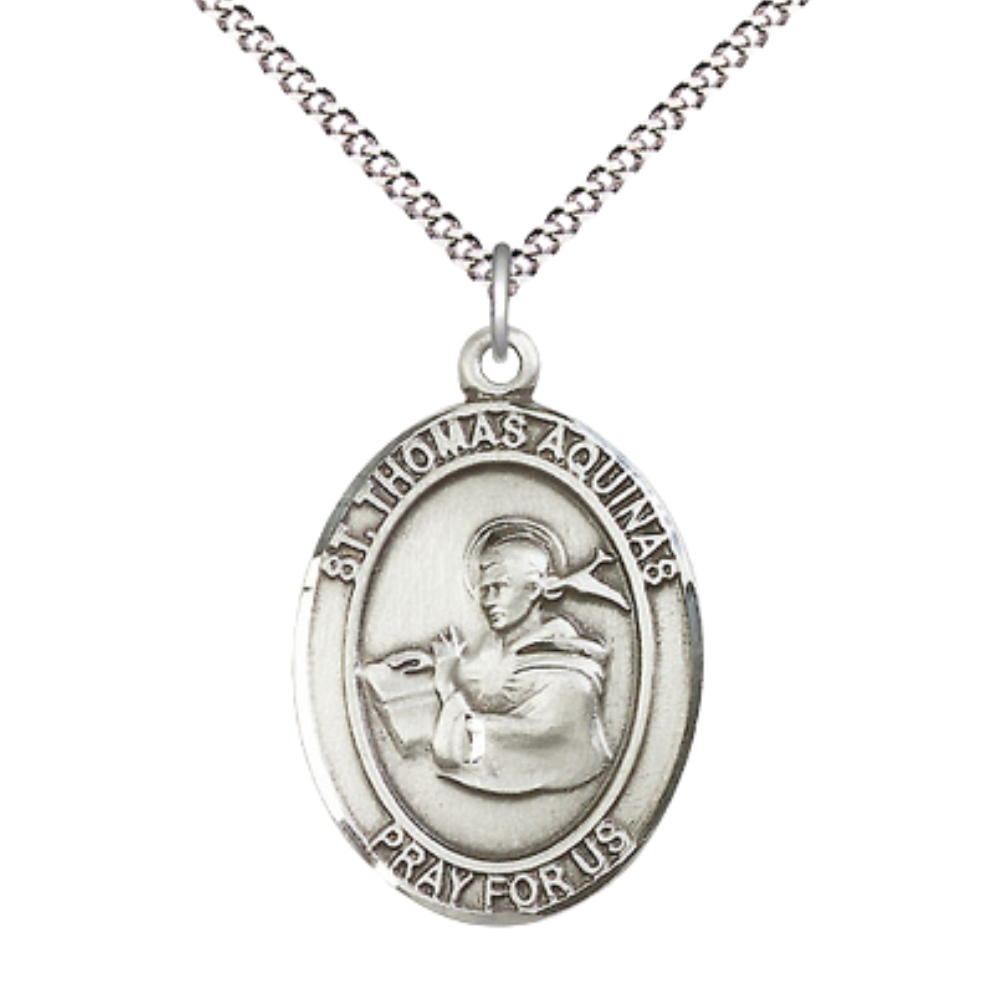 Women's Pewter Saint St. Thomas Aquinas Medal Pendant on 18 Inch Rhodium Plated Lite Curb Brass Chain w/ Lobster Claw Clasp, Catholic Religious Necklace - Made in USA- Deluxe Velvet Gift Box