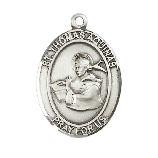 Mens .925 Sterling Silver Saint St. Thomas Aquinas Medal Pendant on 24 Inch Rhodium Plated Heavy Curb Brass Chain with Lobster Claw clasp, Catholic Religious Necklace - Made in USA- Velvet Gift Box