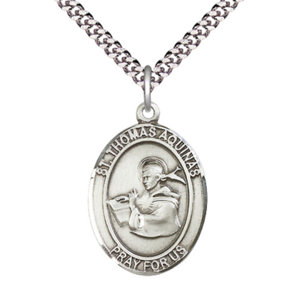 Saint St. Thomas Aquinas Medal Necklace– Men's Pewter Pendant on 24 Inch Light Endless Rhodium Plated Chain – Catholic Patron Saint St. of Schools & Students – Velvet Gift Box Included