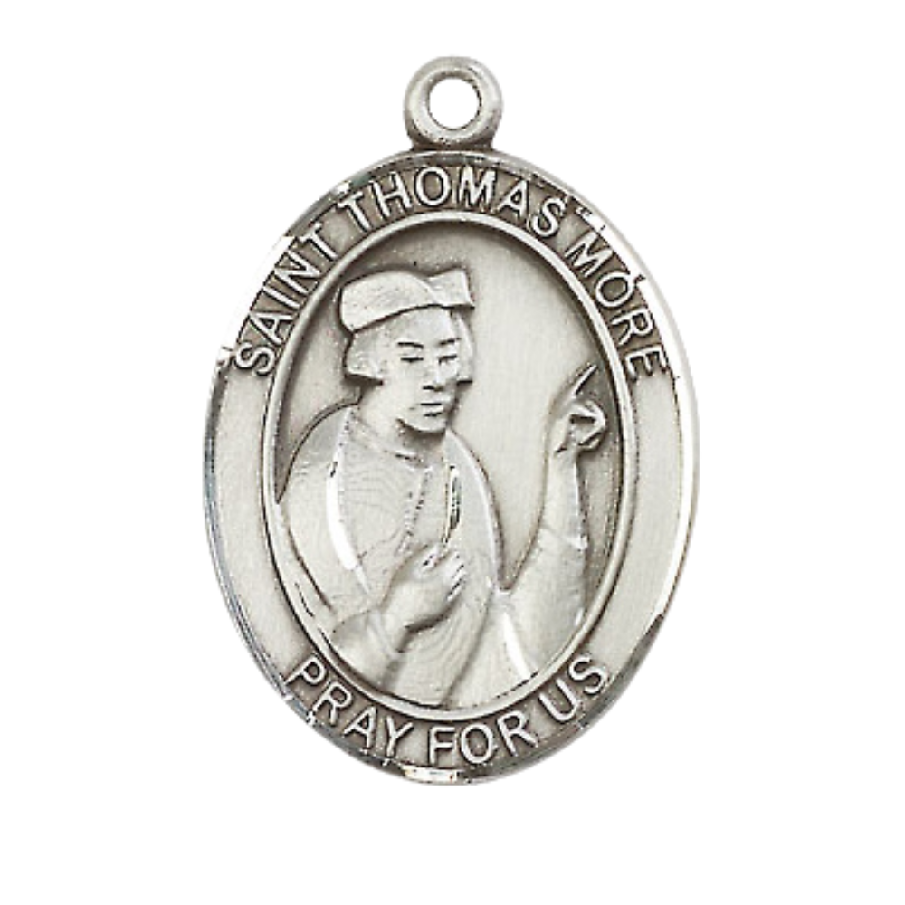 Women's .925 Sterling Silver Saint St. Thomas More Medal Pendant on 18 Inch Rhodium Plated Lite Curb Brass Chain w/ Lobster Claw Clasp, Catholic Religious Necklace - Made in USA- Deluxe Velvet Gift Box