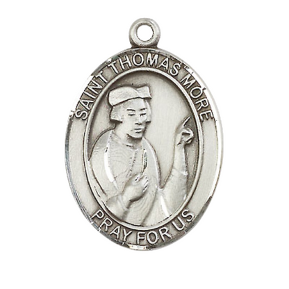Women's .925 Sterling Silver Saint St. Thomas More Medal Pendant on 18 Inch Rhodium Plated Lite Curb Brass Chain w/ Lobster Claw Clasp, Catholic Religious Necklace - Made in USA- Deluxe Velvet Gift Box