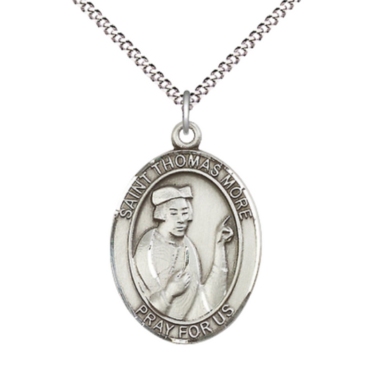 Women's Pewter Saint St. Thomas More Medal Pendant on 18 Inch Rhodium Plated Lite Curb Brass Chain w/Lobster Claw Clasp, Catholic Religious Necklace - Made in USA- Deluxe Velvet Gift Box