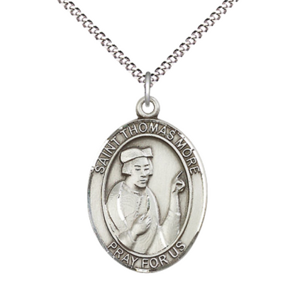 Women's .925 Sterling Silver Saint St. Thomas More Medal Pendant on 18 Inch Rhodium Plated Lite Curb Brass Chain w/ Lobster Claw Clasp, Catholic Religious Necklace - Made in USA- Deluxe Velvet Gift Box