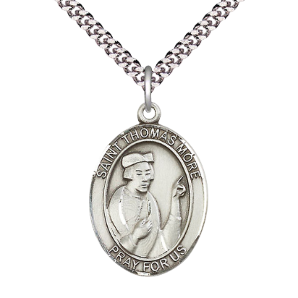 Saint St. Thomas More Medal Necklace– Men's .925 Sterling Silver Pendant on 24 Inch Light Rhodium Plated Heavy Curb Chain – Catholic Patron Saint St. of Lawyers & Statesmen – Velvet Gift Box Included