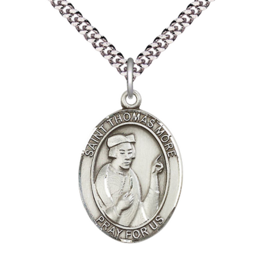 Saint St. Thomas More Medal Necklace– Men's .925 Sterling Silver Pendant on 24 Inch Light Rhodium Plated Heavy Curb Chain – Catholic Patron Saint St. of Lawyers & Statesmen – Velvet Gift Box Included
