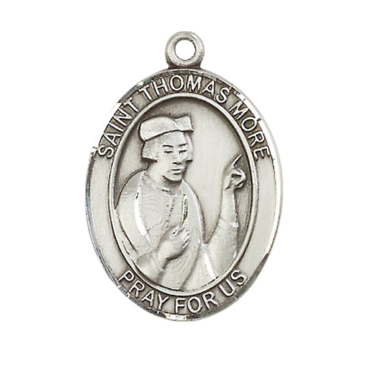 Mens .925 Sterling Silver Saint Thomas More Medal Pendant on 24" Rhodium Plated Heavy Curb Brass Chain with Lobster Claw clasp, Catholic Religious Necklace -Made in USA- Velvet Gift Box