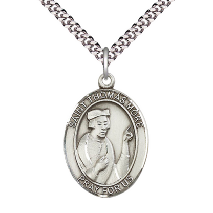 Saint St. Thomas More Medal Necklace– Men's Pewter Pendant on 24 Inch Light Endless Rhodium Plated Chain – Catholic Patron Saint St. of Lawyers & Statesmen – Velvet Gift Box Included