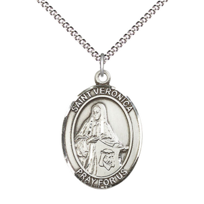 Women's Pewter Saint St. Veronica Medal Pendant on 18 Inch Rhodium Plated Lite Curb Brass Chain w/Lobster Claw Clasp, Catholic Religious Necklace - Made in USA- Deluxe Velvet Gift Box