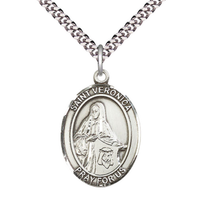 Mens 1 x 3/4" Oval Pewter Saint Veronica Medal Pendant on 24" Rhodium Plated Heavy Curb Brass Chain with Lobster Claw clasp , Catholic Religious Necklace -Made in USA - Deluxe Velvet Gift Box