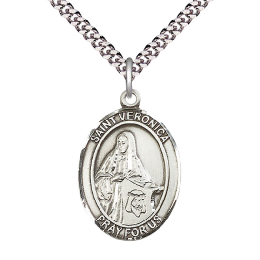 Saint St. Veronica Medal Necklace– Men's .925 Sterling Silver Pendant on 24 Inch Light Rhodium Plated Heavy Curb Chain – Catholic Patron Saint St. of Photographers – Velvet Gift Box Included