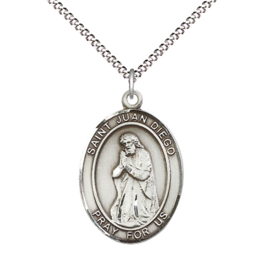 Women's .925 Sterling Silver Saint St. Juan Diego Medal Pendant on 18 Inch Rhodium Plated Lite Curb Brass Chain w/ Lobster Claw Clasp, Catholic Religious Necklace - Made in USA- Deluxe Velvet Gift Box