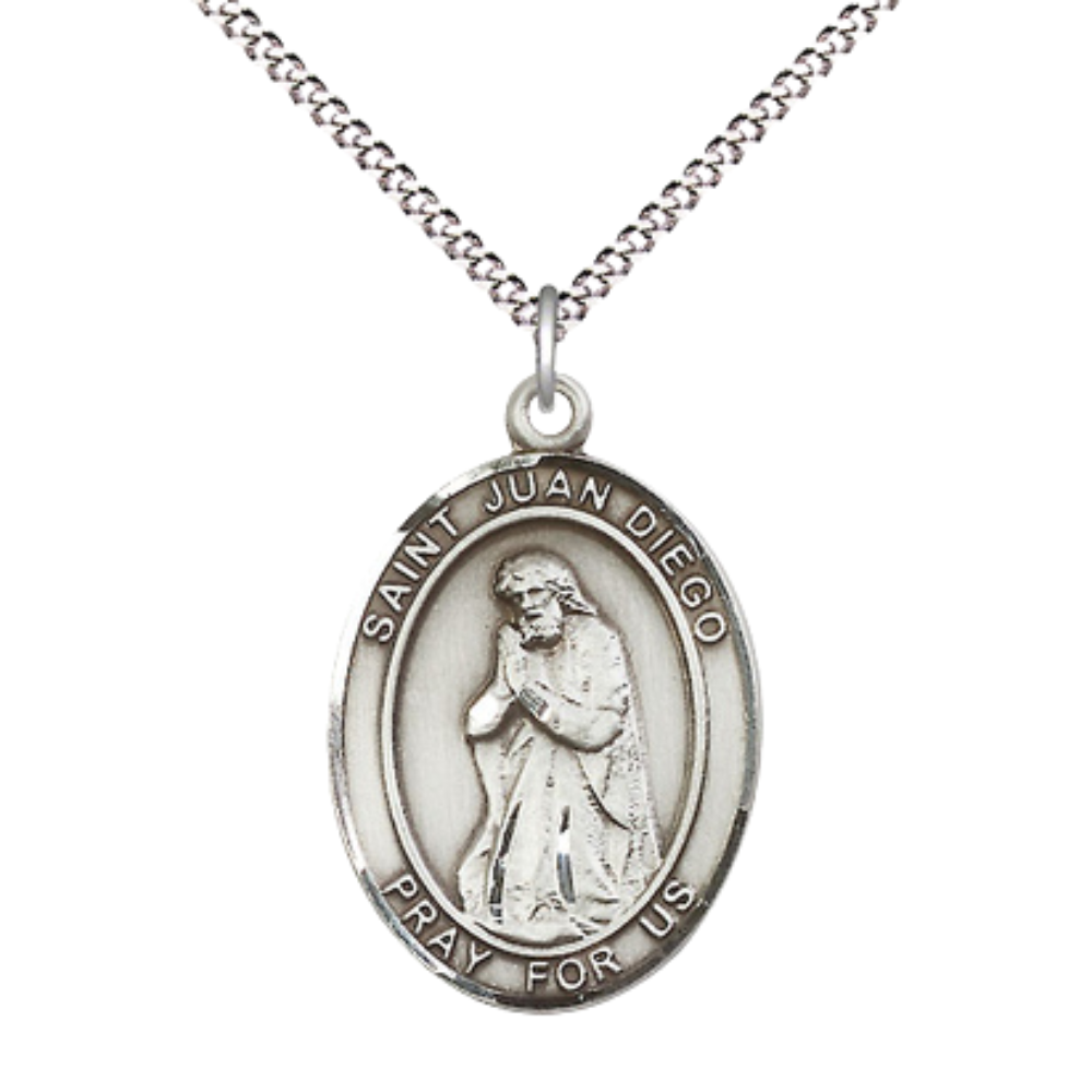 Women's Pewter Saint St. Juan Diego Medal Pendant on 18 Inch Rhodium Plated Lite Curb Brass Chain w/Lobster Claw Clasp, Catholic Religious Necklace - Made in USA- Deluxe Velvet Gift Box