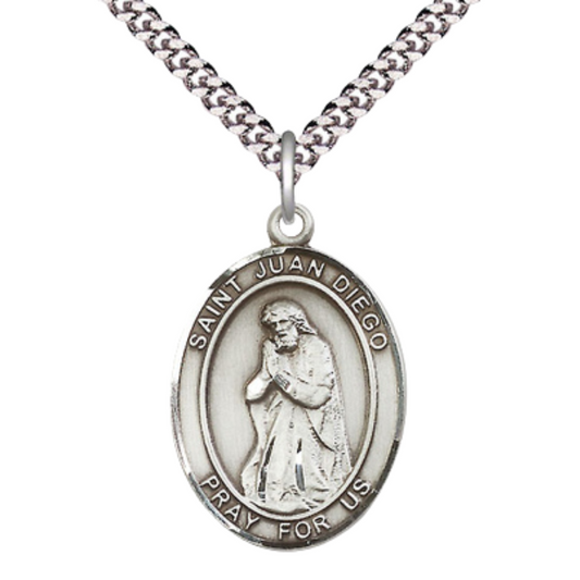 Saint St. Juan Diego Medal Necklace – 24 Inch Endless Light Endless Rhodium Plated Chain – Patron Saint St. of Americas & Natives – Exquisite Catholic Religious Jewelry in Velvet Gift Box