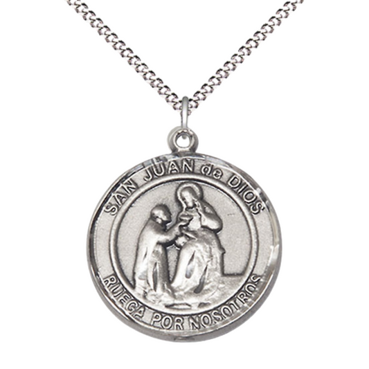 Spanish Script Women's .925 Sterling Silver Saint St. Juan de Dios Medal Pendant on 18 Inch Rhodium Plated Lite Curb Brass Chain, Catholic Religious Necklace with Lobster Claw Clasp - Made in USA, Deluxe Velvet Gift Box