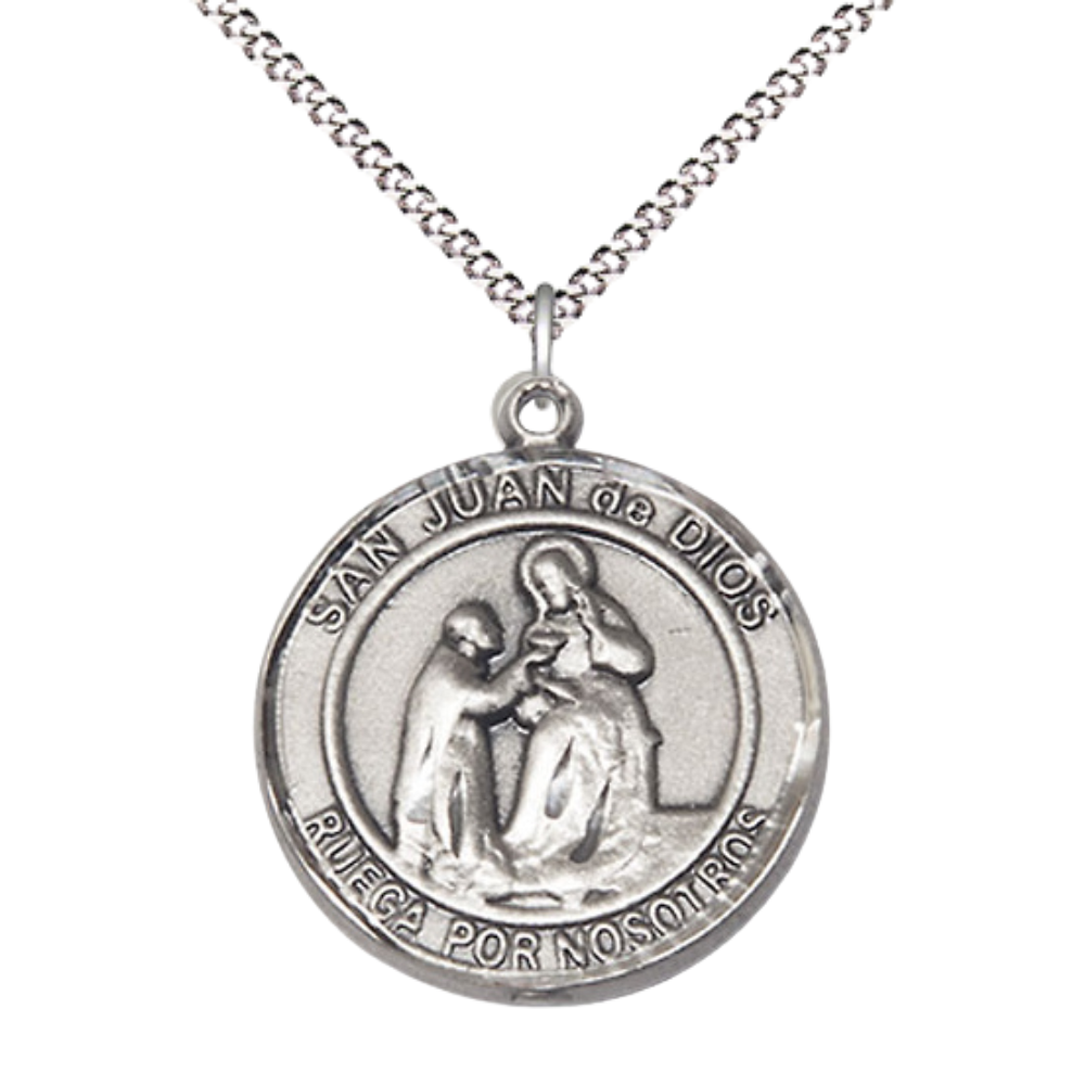 Spanish Script Women's Pewter San Juan de Dios Medal Pendant on 18 Inch Rhodium Plated Lite Curb Brass Chain,Catholic Religious Necklace with Lobster Claw Clasp -Made in USA, Deluxe Velvet Gift Box