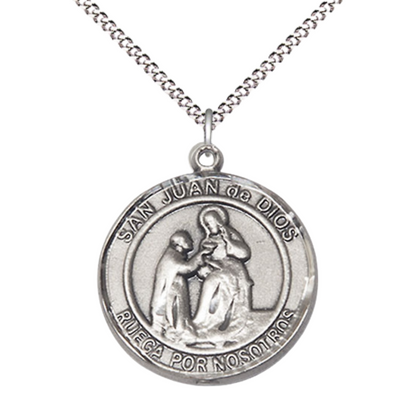 Spanish Script Women's Pewter San Juan de Dios Medal Pendant on 18 Inch Rhodium Plated Lite Curb Brass Chain,Catholic Religious Necklace with Lobster Claw Clasp -Made in USA, Deluxe Velvet Gift Box