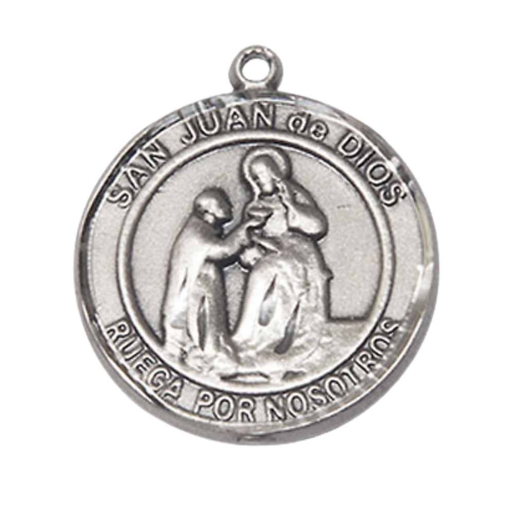 Spanish Script Women's Pewter San Juan de Dios Medal Pendant on 18 Inch Rhodium Plated Lite Curb Brass Chain,Catholic Religious Necklace with Lobster Claw Clasp -Made in USA, Deluxe Velvet Gift Box