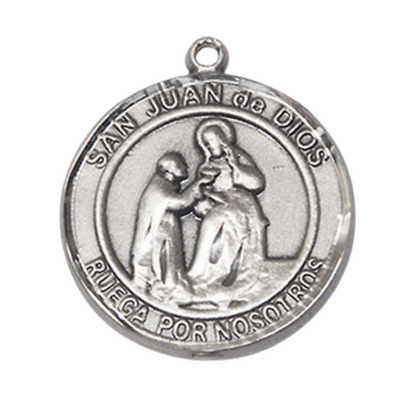 Spanish Script Women's Pewter San Juan de Dios Medal Pendant on 18 Inch Rhodium Plated Lite Curb Brass Chain,Catholic Religious Necklace with Lobster Claw Clasp -Made in USA, Deluxe Velvet Gift Box