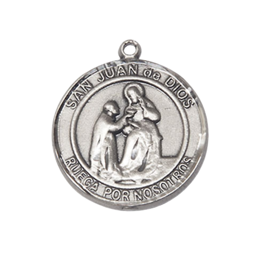 Mens 1 x 7/8" Round Pewter Saint St. Juan de Dios Medal Pendant on 24 Inch Rhodium Plated Heavy Curb Brass Chain with Lobster Claw clasp, Catholic Religious Necklace - Made in USA- Velvet Gift Box