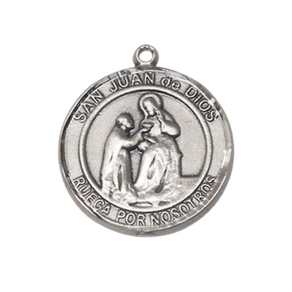 Mens .925 Sterling Silver Saint St. Juan de Dios Medal Pendant on 24 Inch Rhodium Plated Heavy Curb Brass Chain with Lobster Claw clasp, Catholic Religious Necklace - Made in USA- Velvet Gift Box