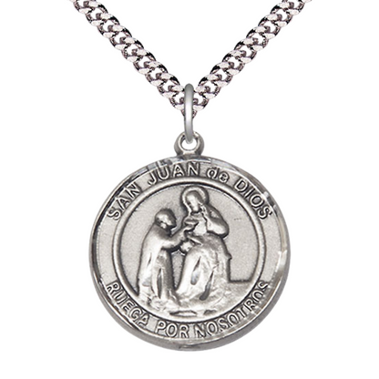 Everlasting Light Jewelry Spanish Script Men's Pewter Saint St. Juan de Dios Medal Pendant on 24 Inch Endless Rhodium Plated Heavy Curb Chain, Catholic Religious Necklace - Made in USA, Comes in Deluxe Velvet Gift Box